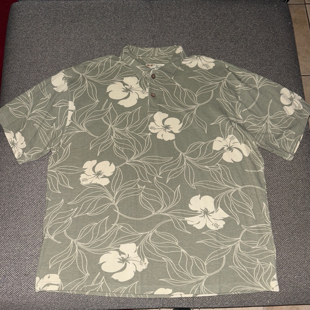 Crazy Shirts Men's Green Floral Hawaiian Polo Shirt